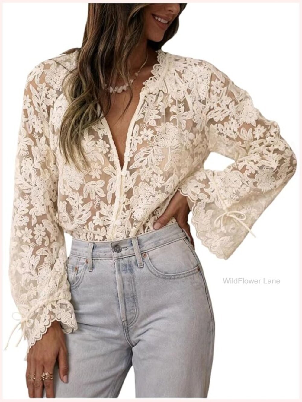 Floral Embroidered Mesh Sheer Blouse Long Sleeve Button Up Top